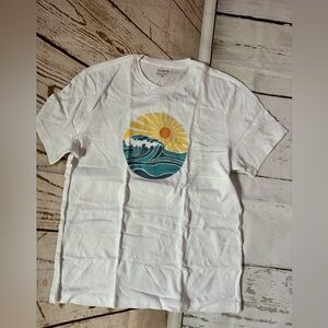 J. Crew White Tee with Yellow Sun and Teal Waves